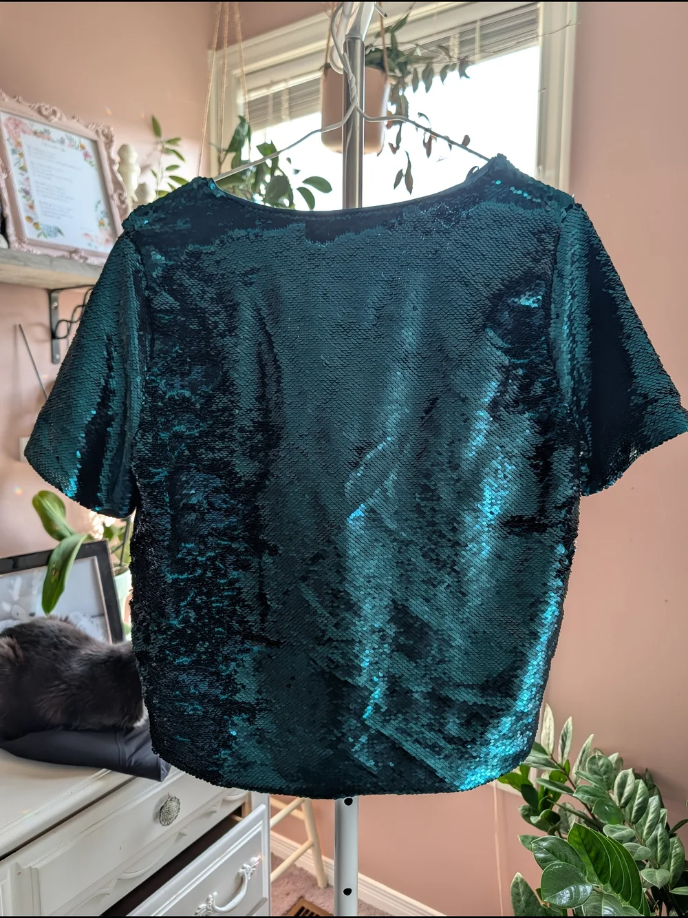 Zara Teal Sequin V-Neck Short Sleeve Top - Picture 2 of 7